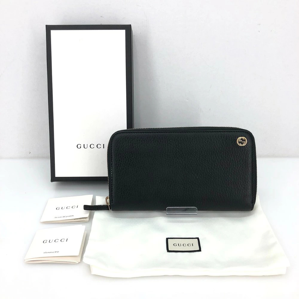 Gucci Interlocking GG Round Zipper Long Wallet Leather Black